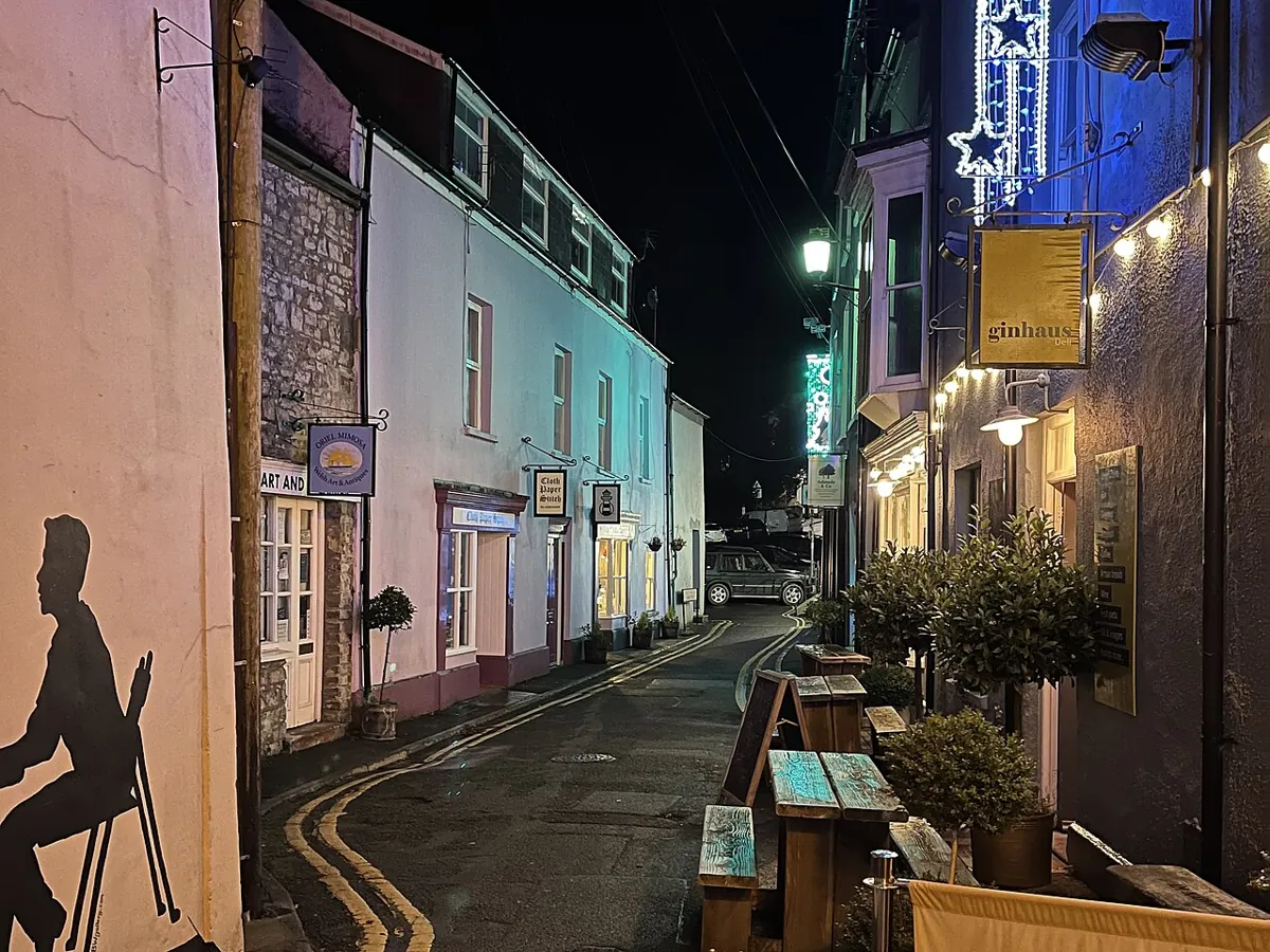 Historic buildings along Market Street in Llandeilo, Wales.