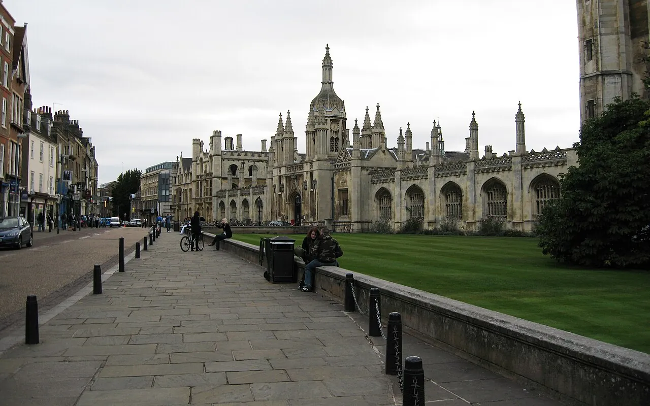 Lawn and entrance to King's College in Cambridge, England.